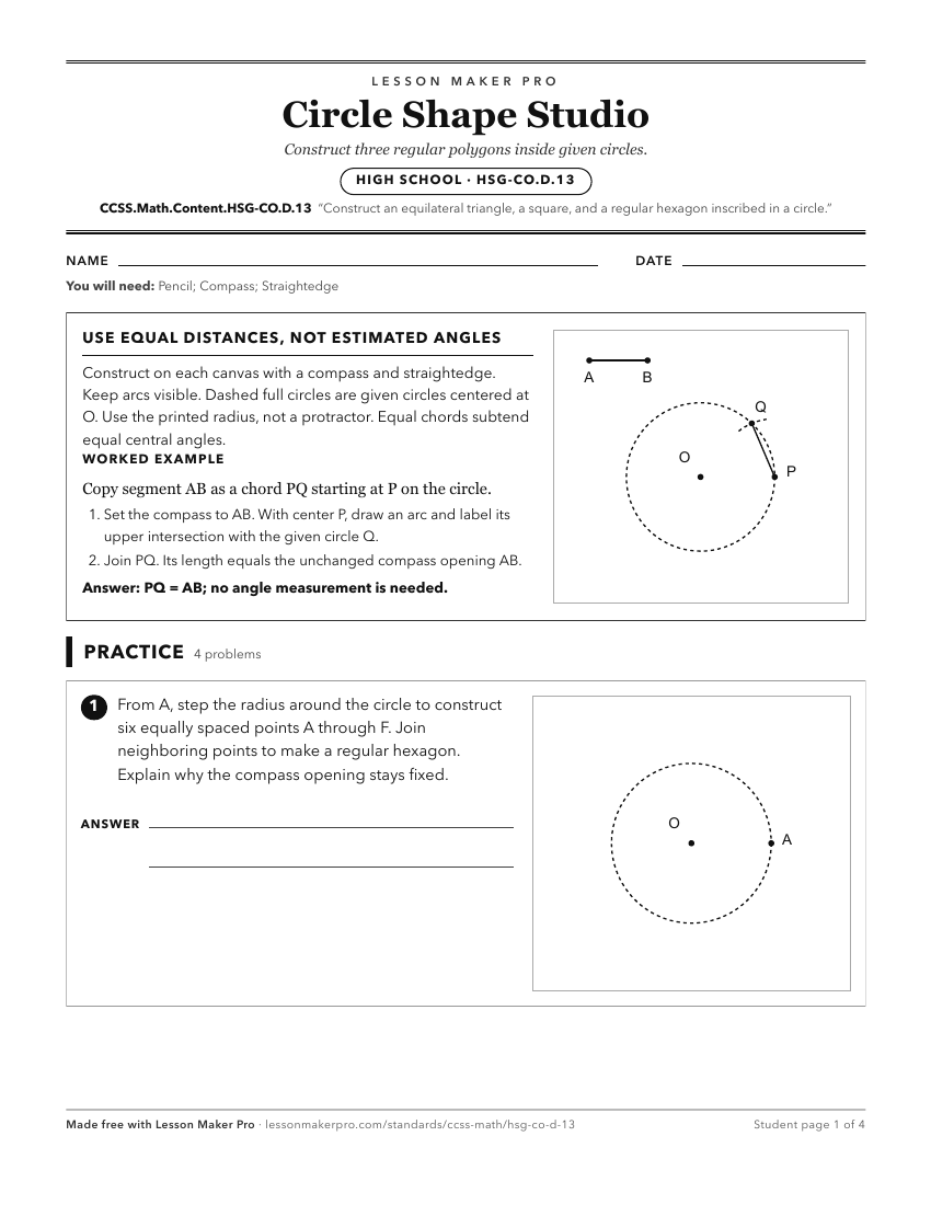 Preview of the CCSS.Math.Content.HSG-CO.D.13 printable worksheet