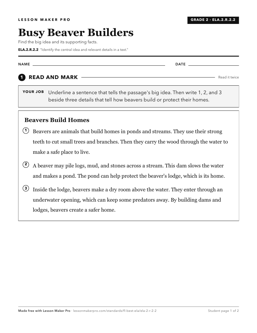 Preview of the ELA.2.R.2.2 printable worksheet