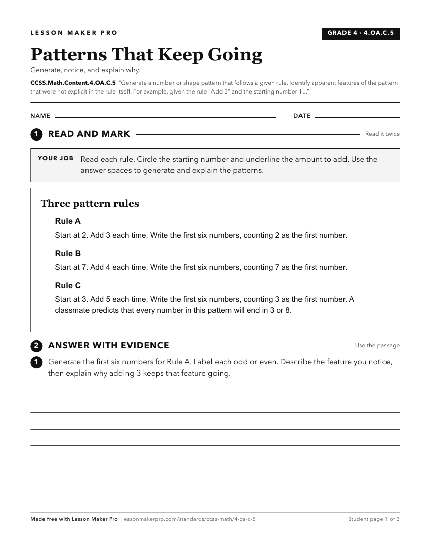 Preview of the CCSS.Math.Content.4.OA.C.5 printable worksheet