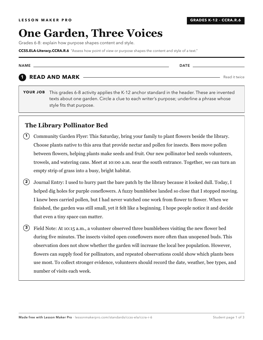 Preview of the CCSS.ELA-Literacy.CCRA.R.6 printable worksheet