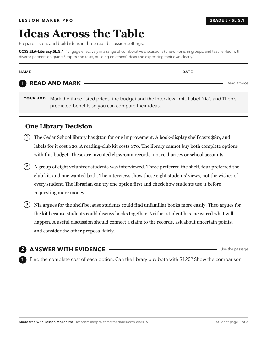 Preview of the CCSS.ELA-Literacy.SL.5.1 printable worksheet