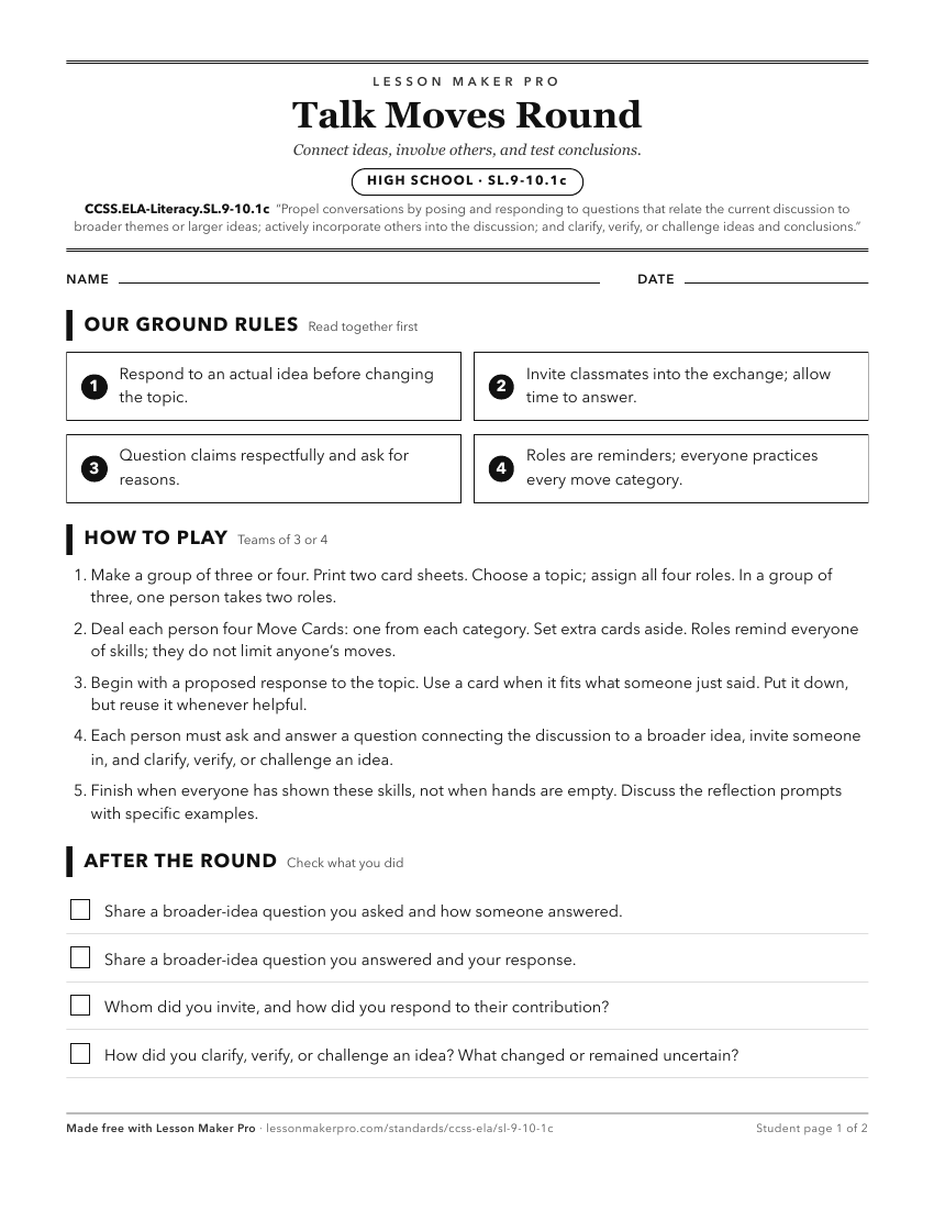 Preview of the CCSS.ELA-Literacy.SL.9-10.1c printable worksheet