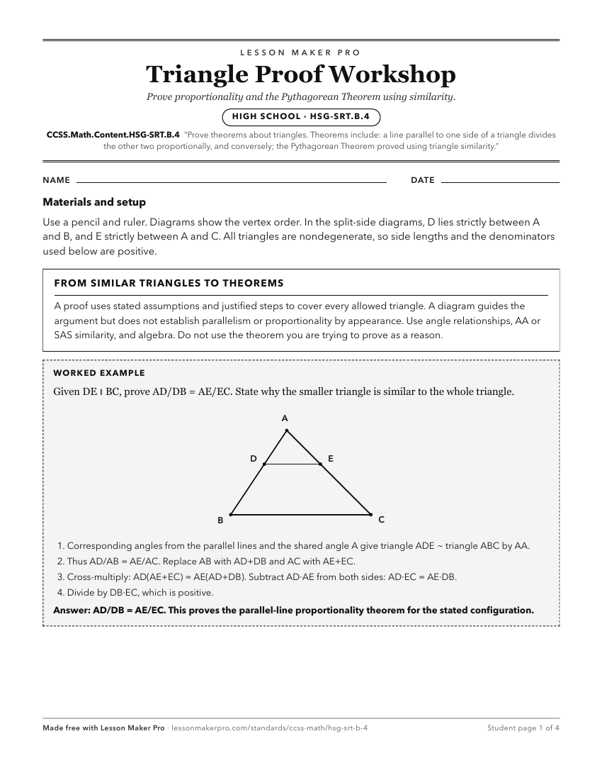 Preview of the CCSS.Math.Content.HSG-SRT.B.4 printable worksheet