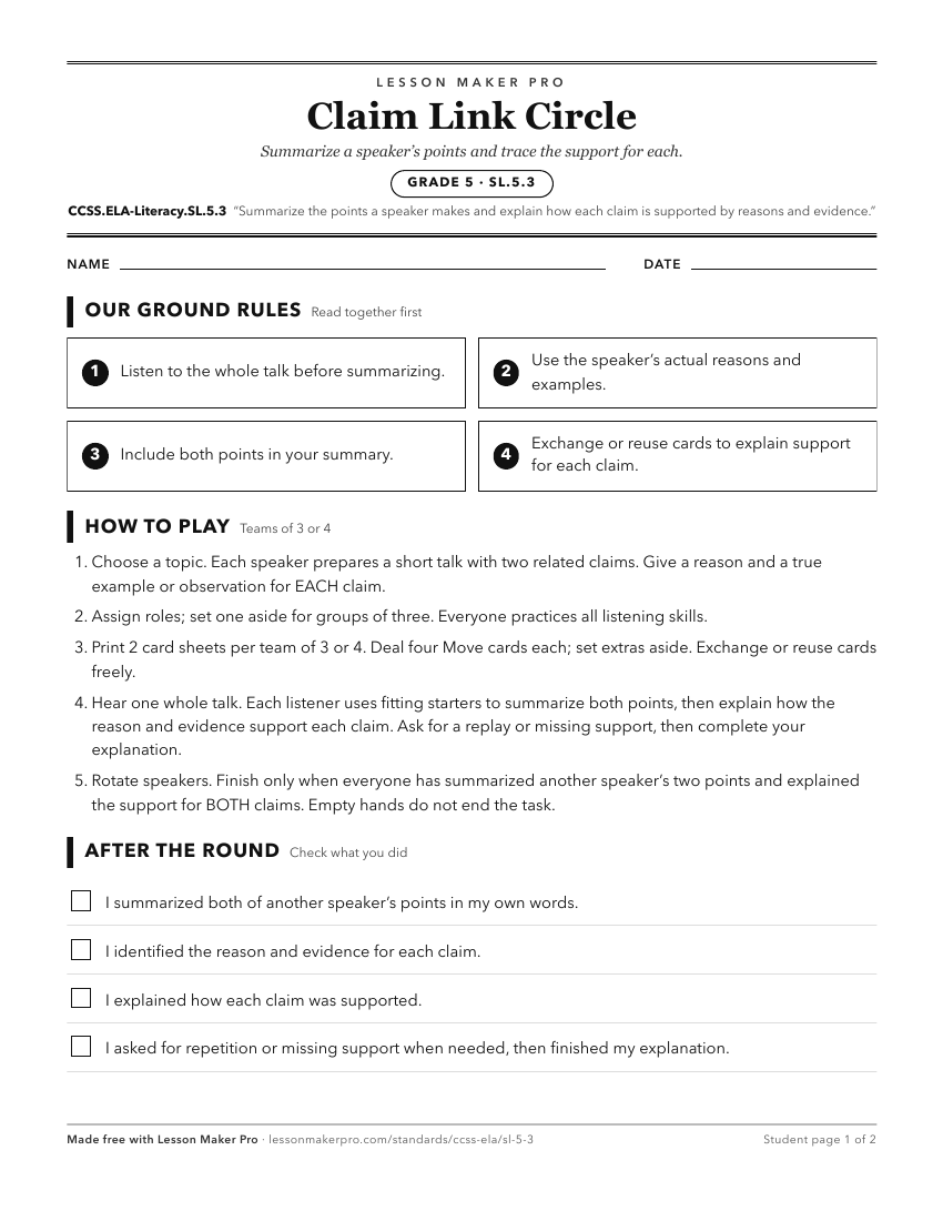 Preview of the CCSS.ELA-Literacy.SL.5.3 printable worksheet