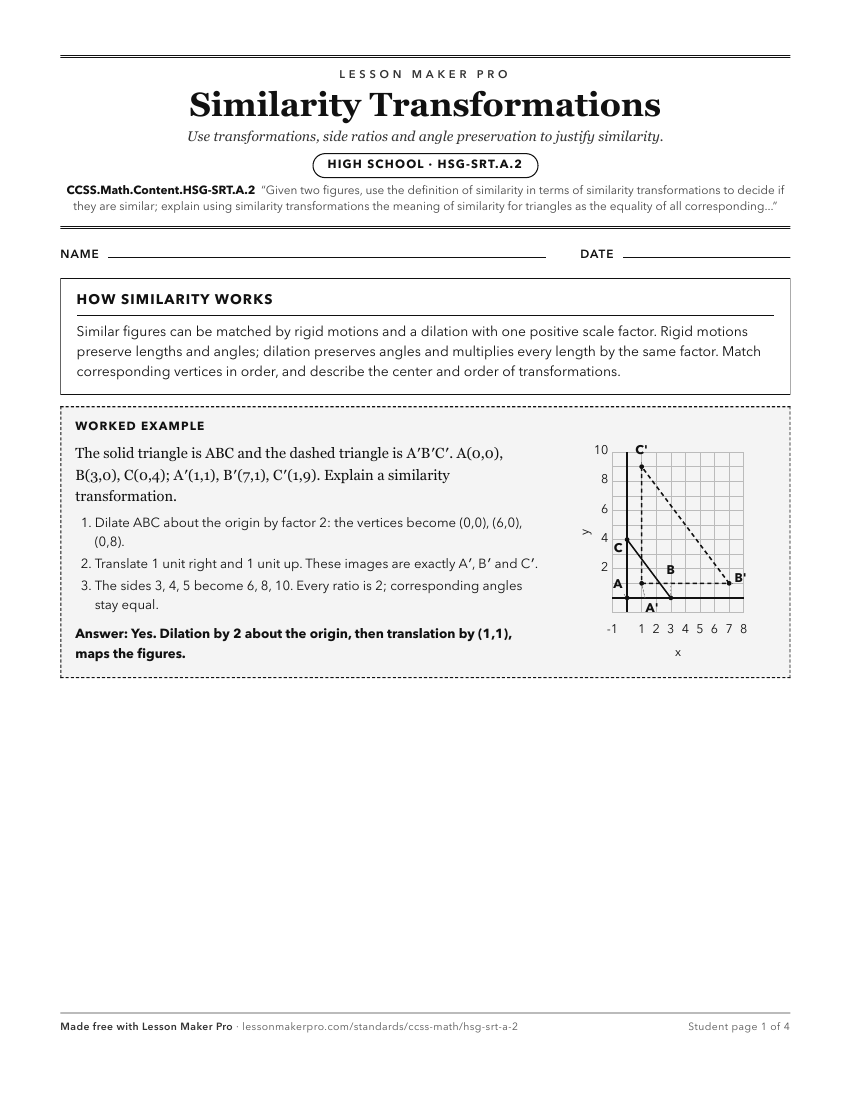 Preview of the CCSS.Math.Content.HSG-SRT.A.2 printable worksheet