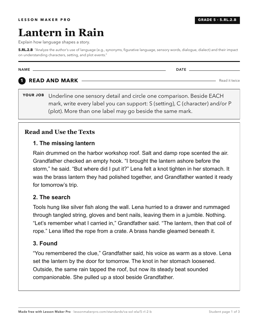 Preview of the 5.RL.2.B printable worksheet