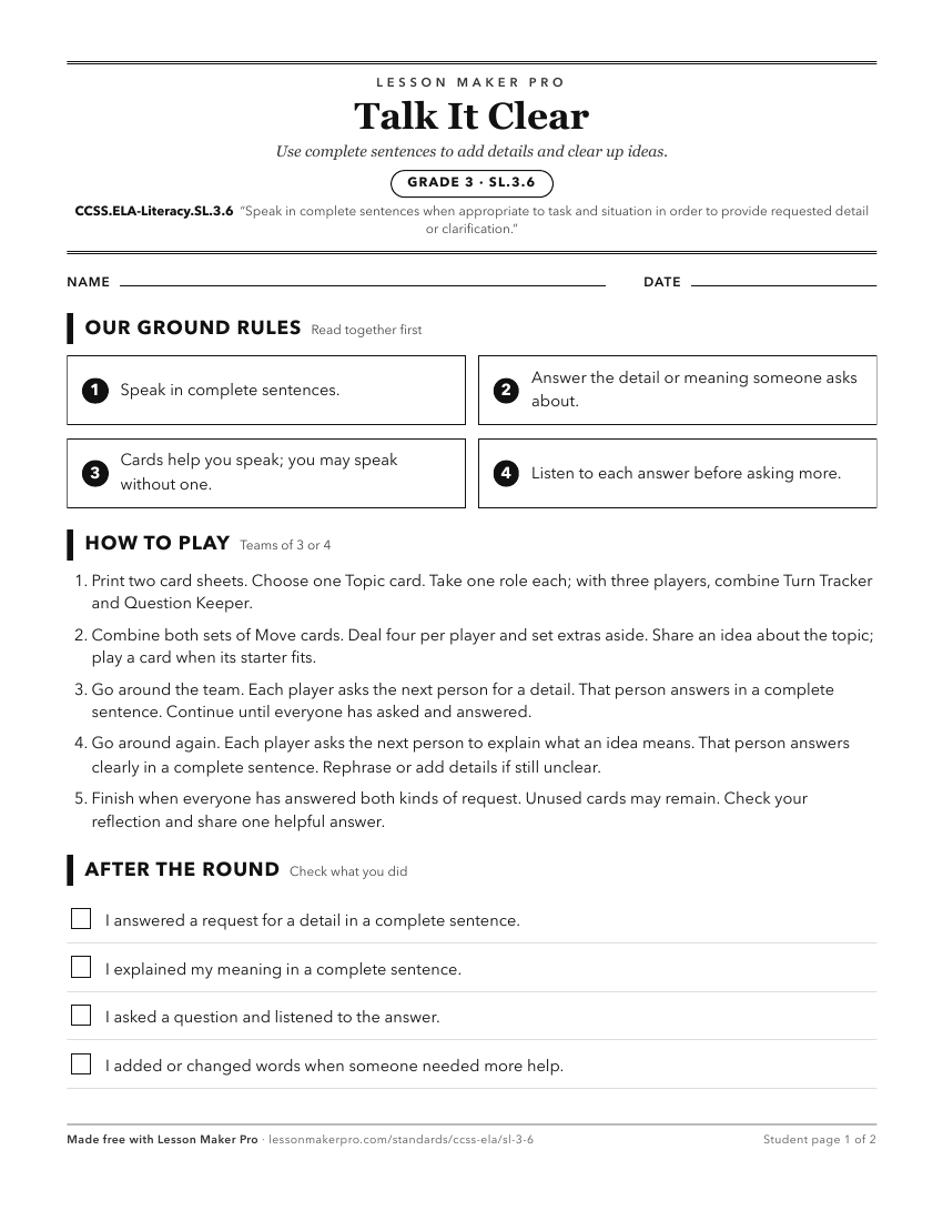 Preview of the CCSS.ELA-Literacy.SL.3.6 printable worksheet