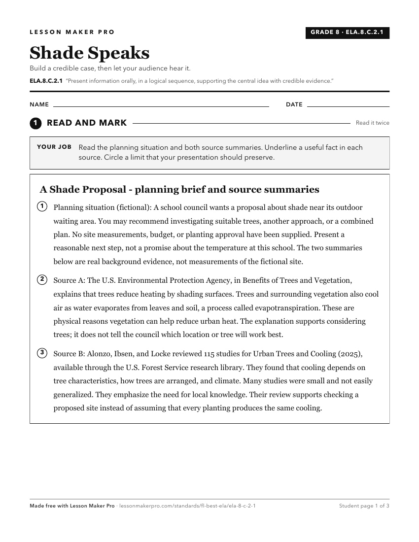Preview of the ELA.8.C.2.1 printable worksheet