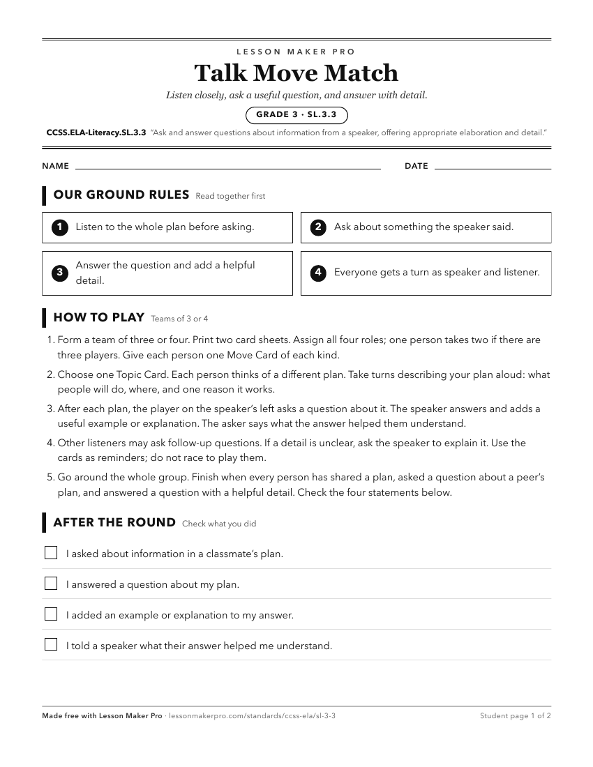 Preview of the CCSS.ELA-Literacy.SL.3.3 printable worksheet