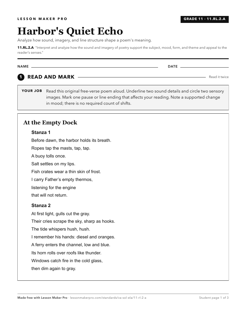 Preview of the 11.RL.2.A printable worksheet