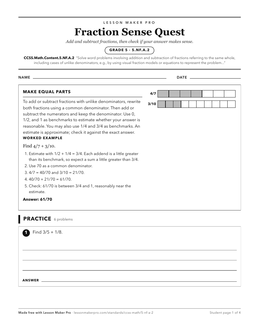 Preview of the CCSS.Math.Content.5.NF.A.2 printable worksheet