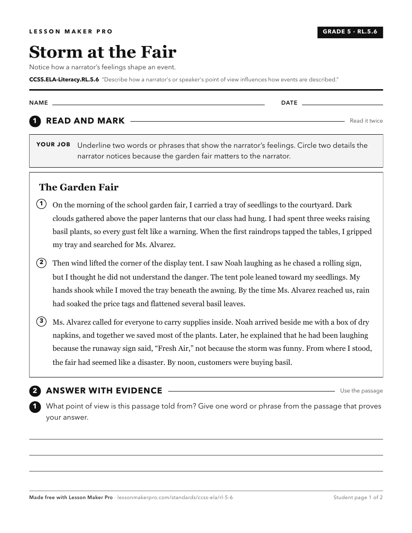 Preview of the CCSS.ELA-Literacy.RL.5.6 printable worksheet
