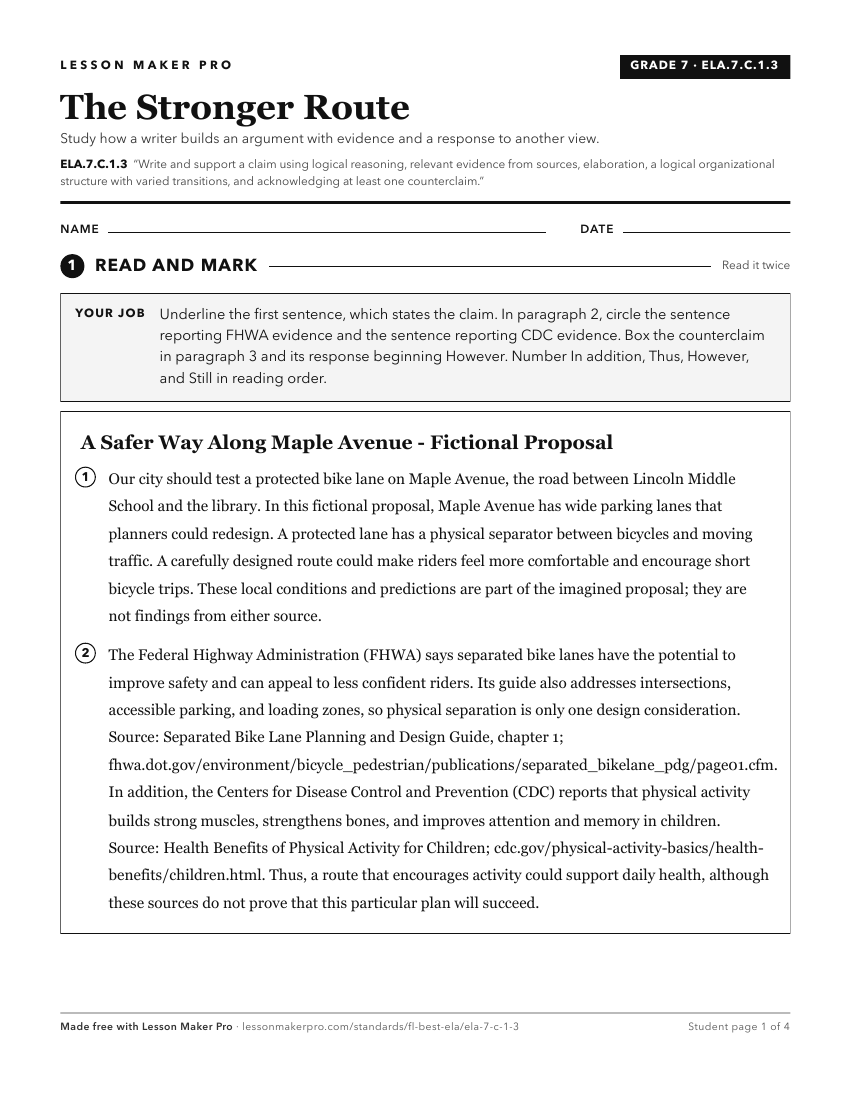 Preview of the ELA.7.C.1.3 printable worksheet