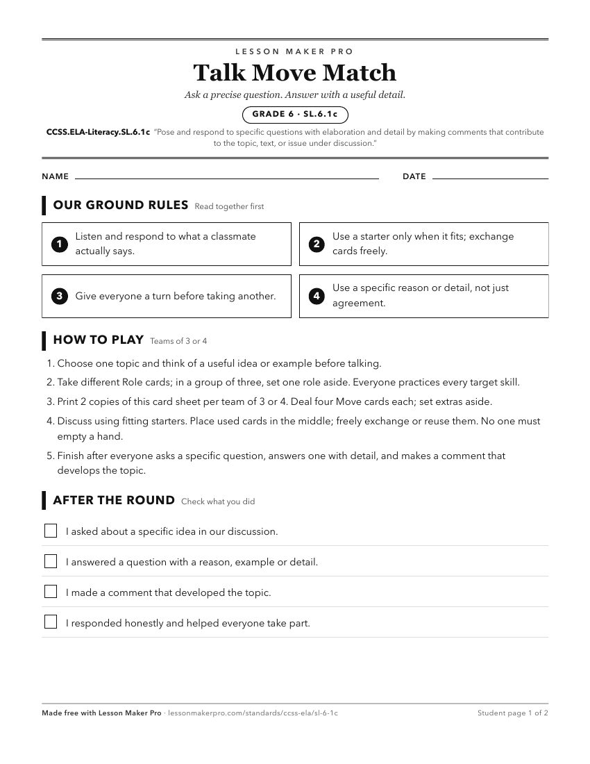 Preview of the CCSS.ELA-Literacy.SL.6.1c printable worksheet