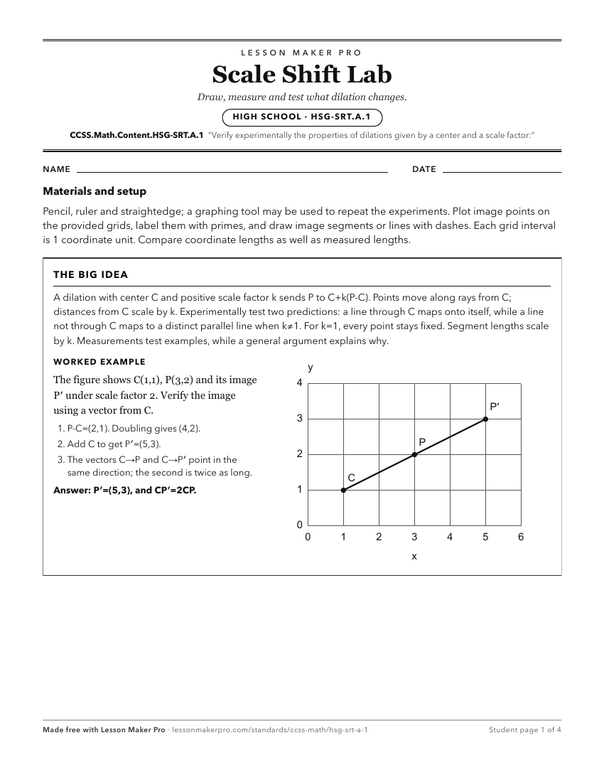 Preview of the CCSS.Math.Content.HSG-SRT.A.1 printable worksheet