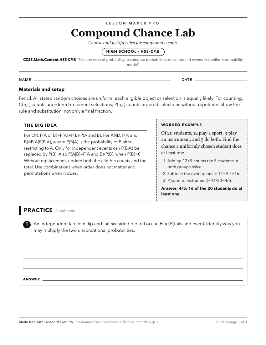 Preview of the CCSS.Math.Content.HSS-CP.B printable worksheet