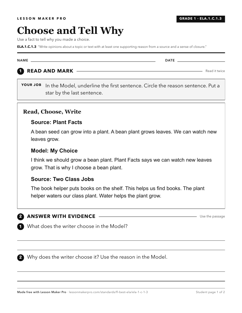 Preview of the ELA.1.C.1.3 printable worksheet