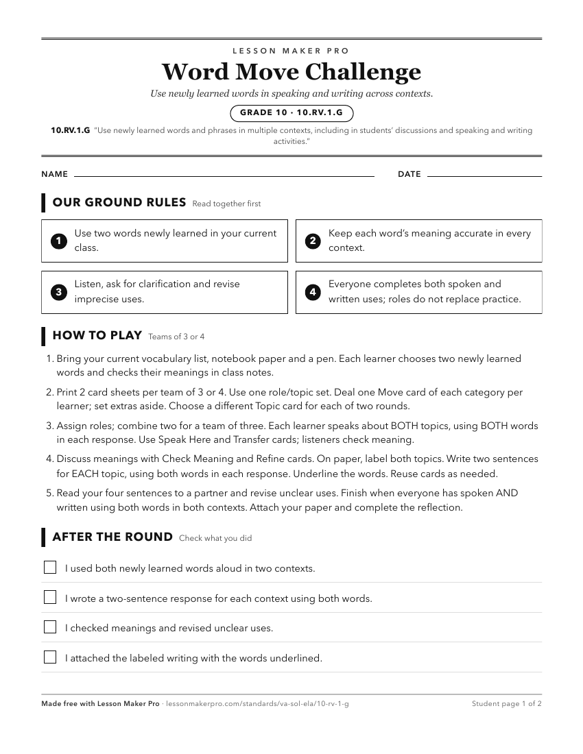 Preview of the 10.RV.1.G printable worksheet
