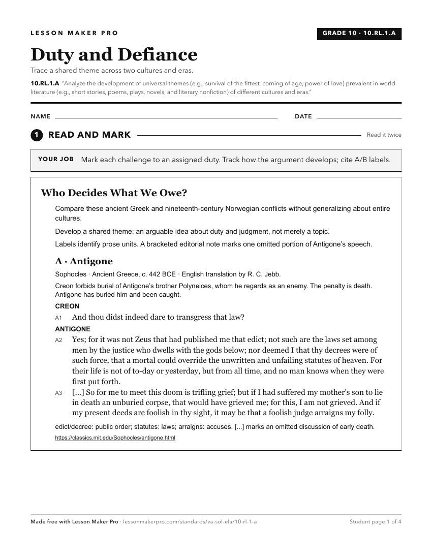 Preview of the 10.RL.1.A printable worksheet