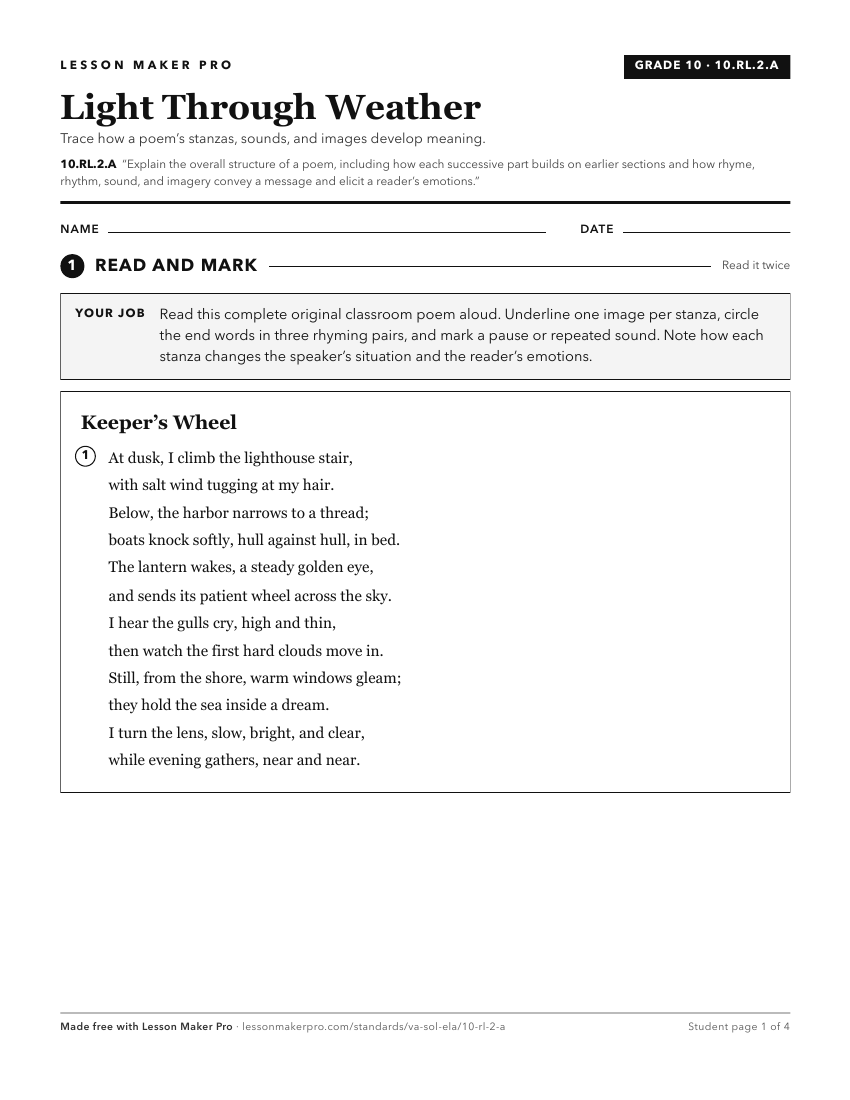Preview of the 10.RL.2.A printable worksheet