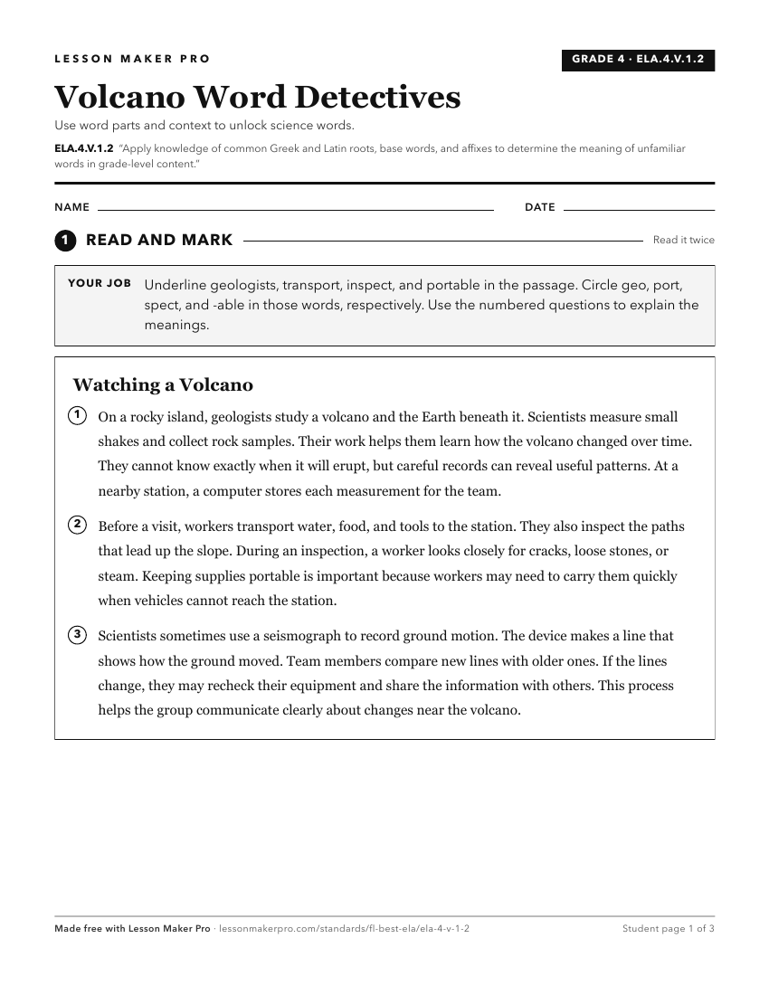 Preview of the ELA.4.V.1.2 printable worksheet