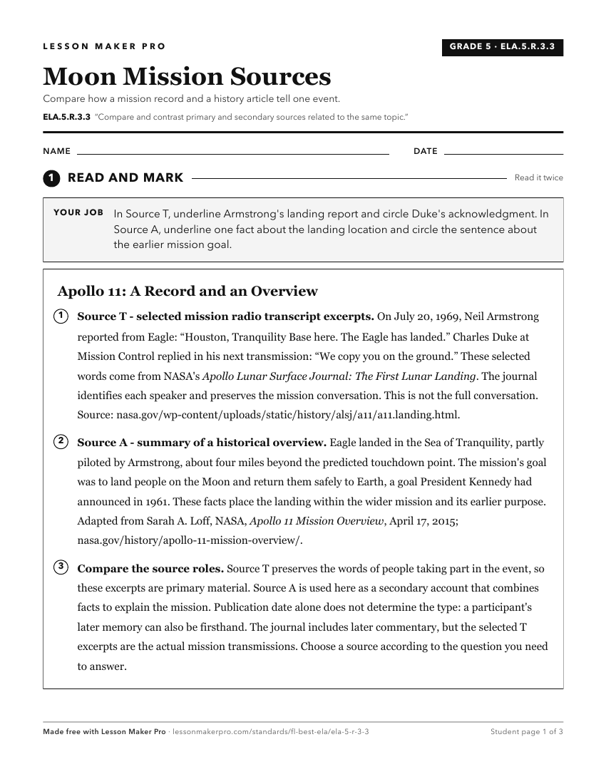 Preview of the ELA.5.R.3.3 printable worksheet