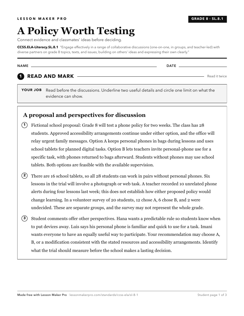 Preview of the CCSS.ELA-Literacy.SL.8.1 printable worksheet