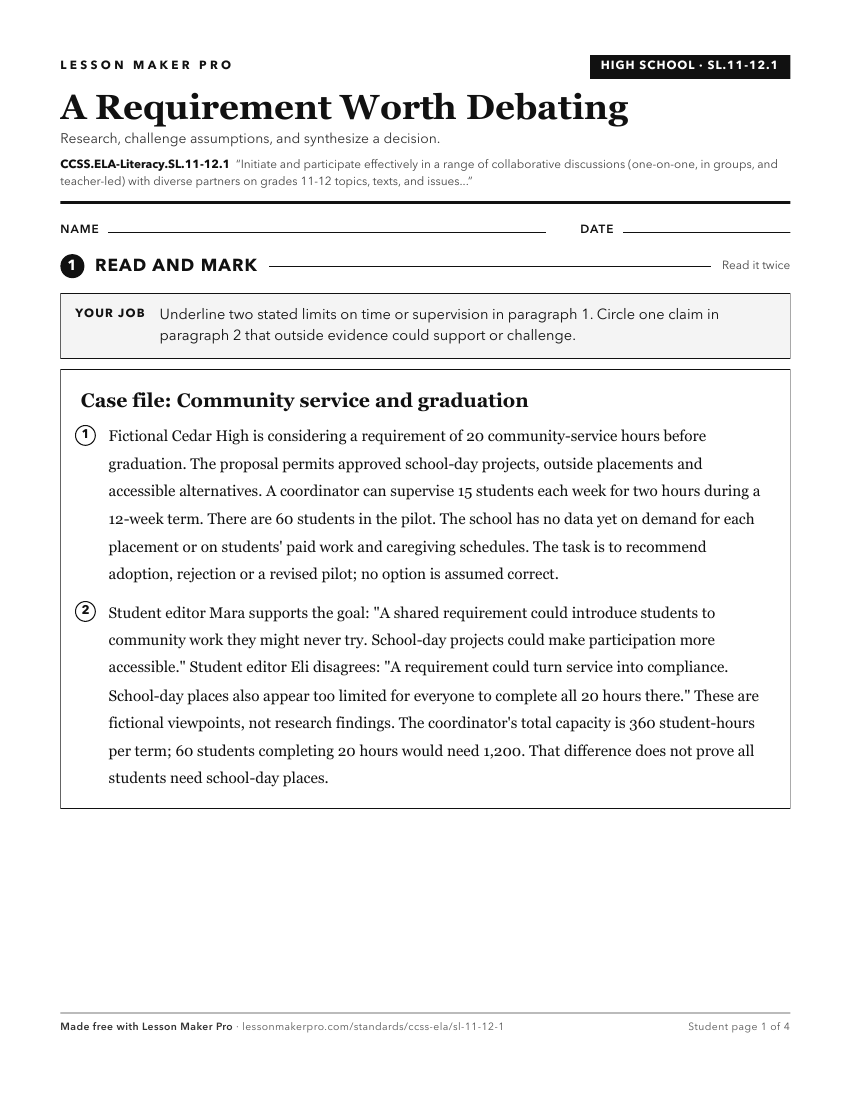 Preview of the CCSS.ELA-Literacy.SL.11-12.1 printable worksheet