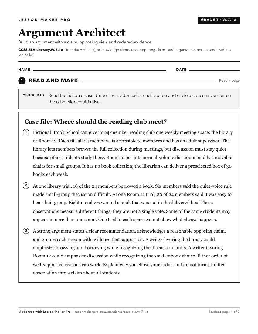 Preview of the CCSS.ELA-Literacy.W.7.1a printable worksheet