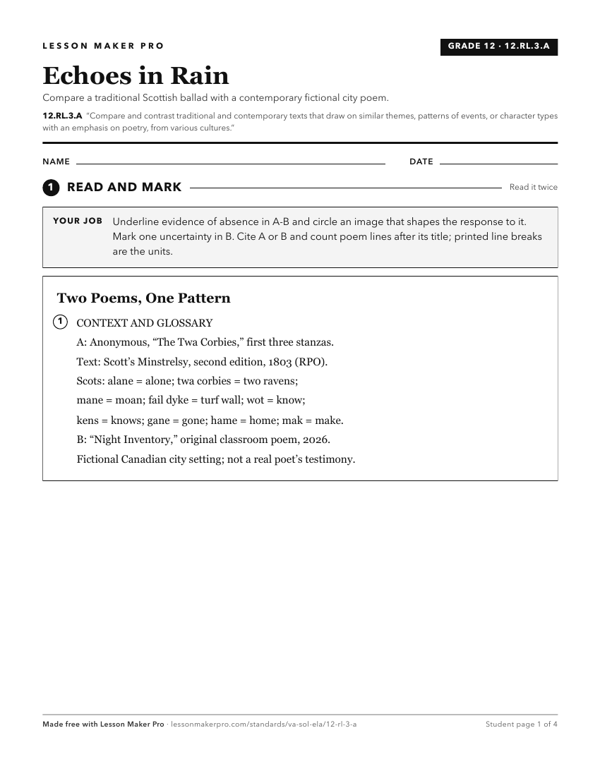 Preview of the 12.RL.3.A printable worksheet