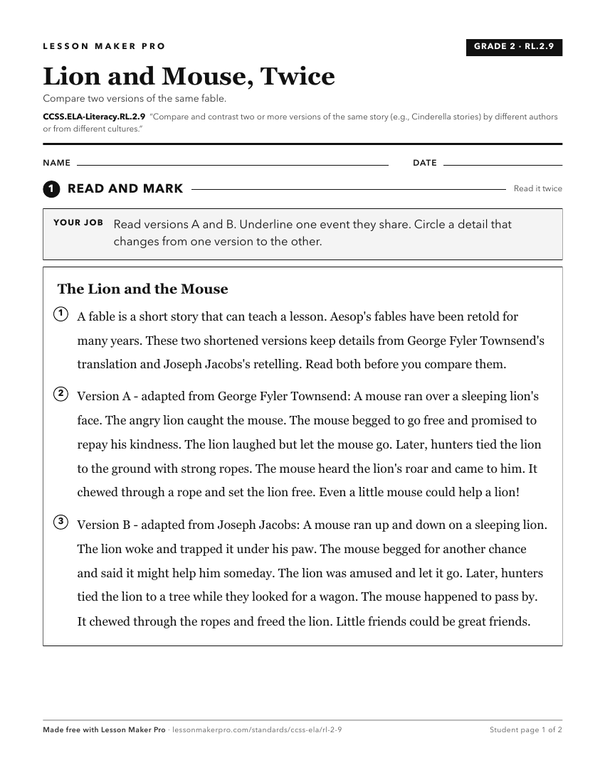 Preview of the CCSS.ELA-Literacy.RL.2.9 printable worksheet