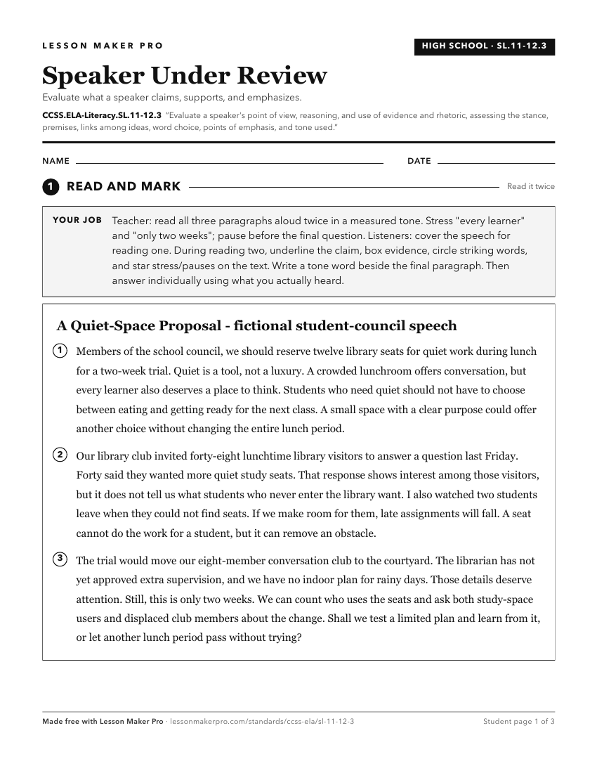 Preview of the CCSS.ELA-Literacy.SL.11-12.3 printable worksheet