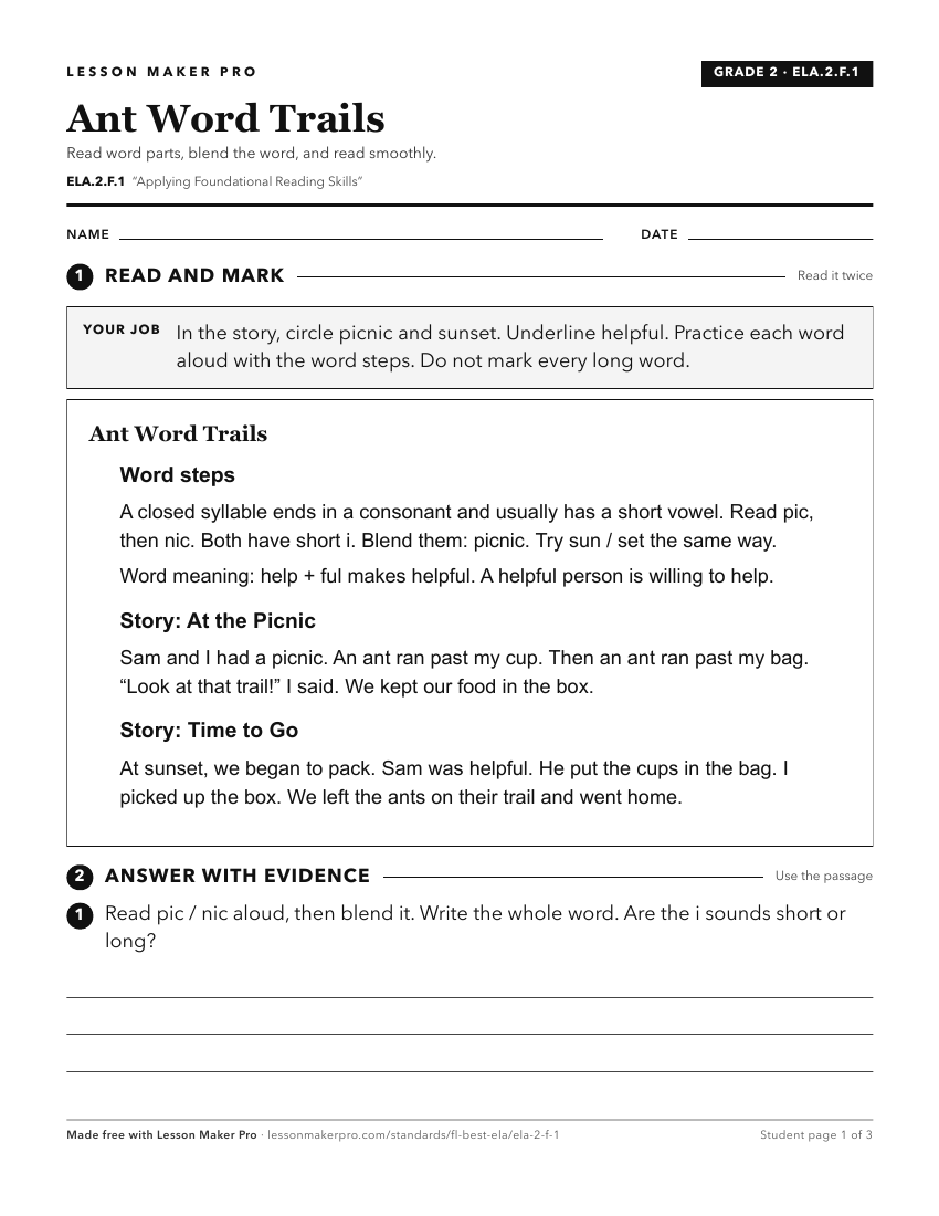 Preview of the ELA.2.F.1 printable worksheet
