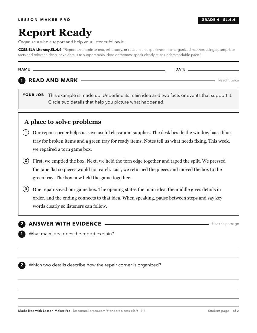 Preview of the CCSS.ELA-Literacy.SL.4.4 printable worksheet