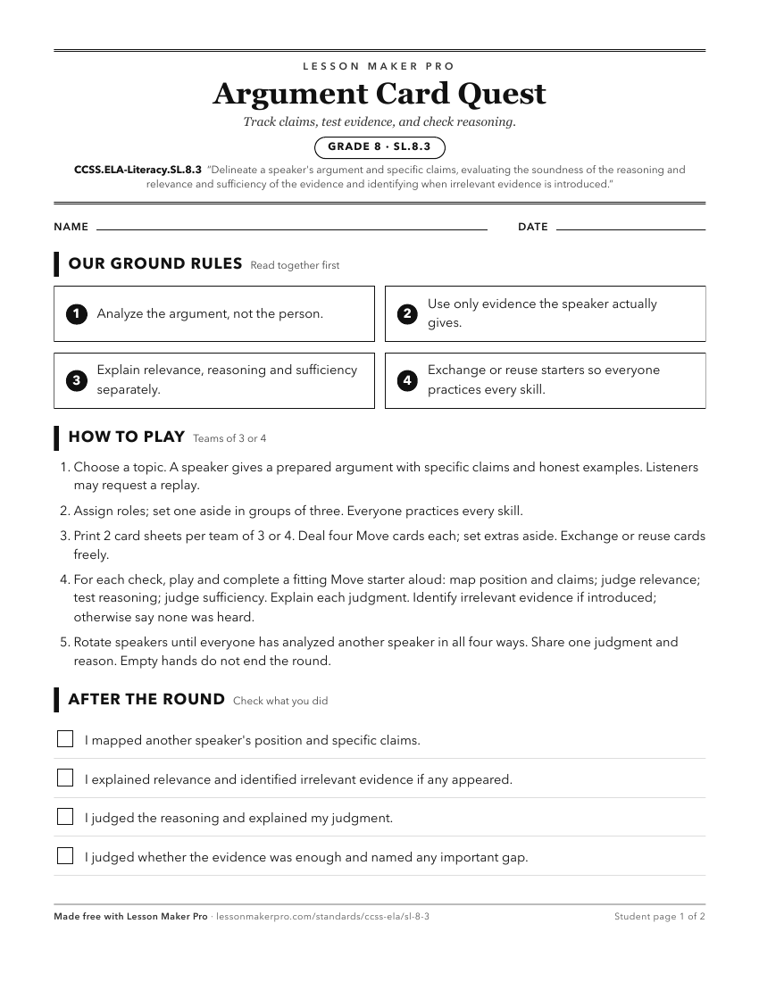 Preview of the CCSS.ELA-Literacy.SL.8.3 printable worksheet