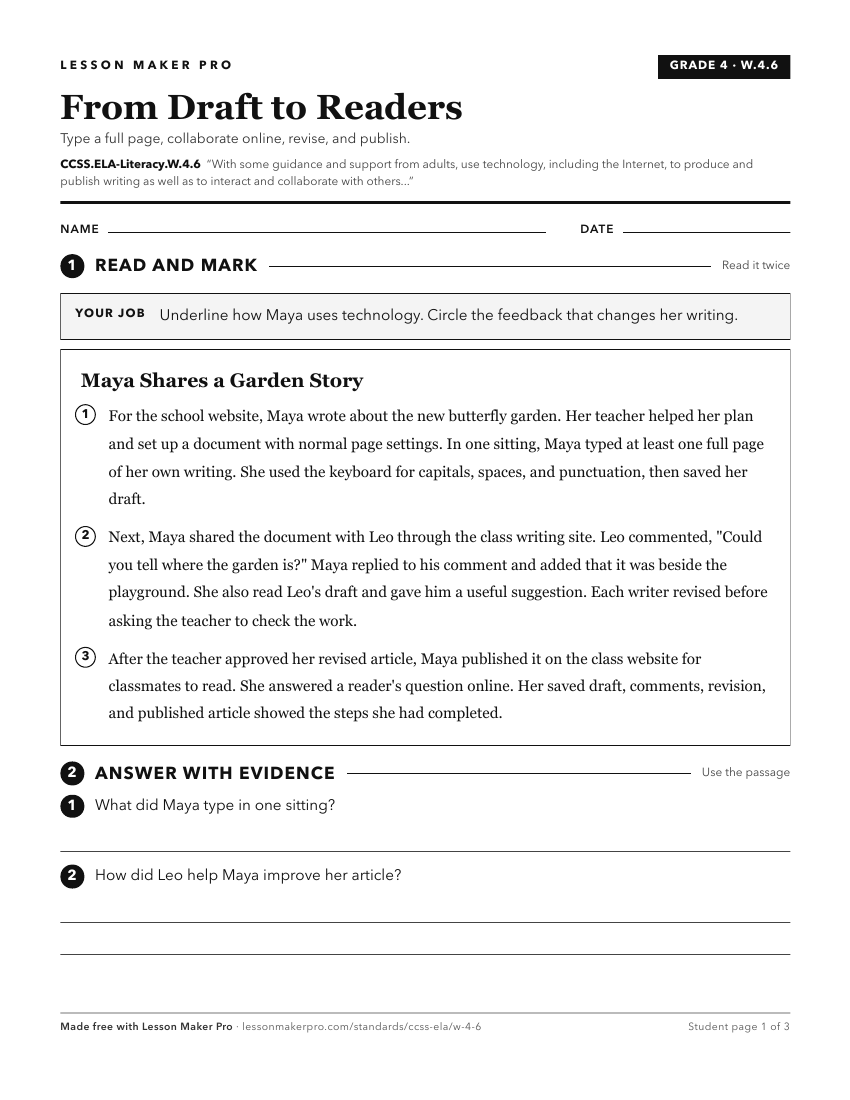 Preview of the CCSS.ELA-Literacy.W.4.6 printable worksheet