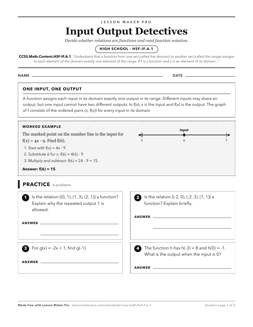 Preview of the CCSS.Math.Content.HSF-IF.A.1 printable worksheet