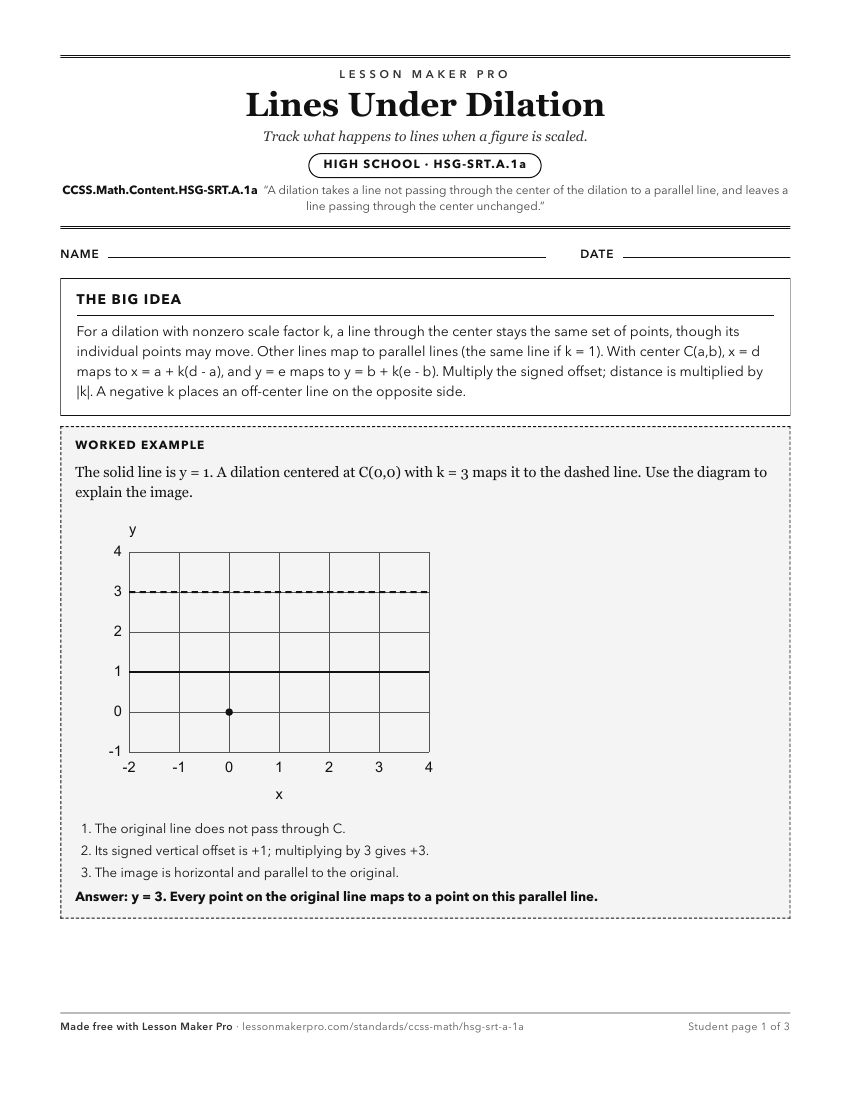 Preview of the CCSS.Math.Content.HSG-SRT.A.1a printable worksheet
