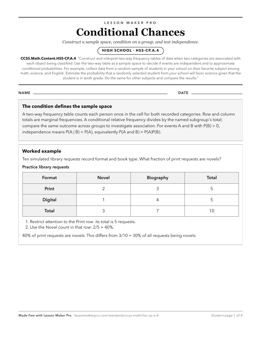 Preview of the CCSS.Math.Content.HSS-CP.A.4 printable worksheet