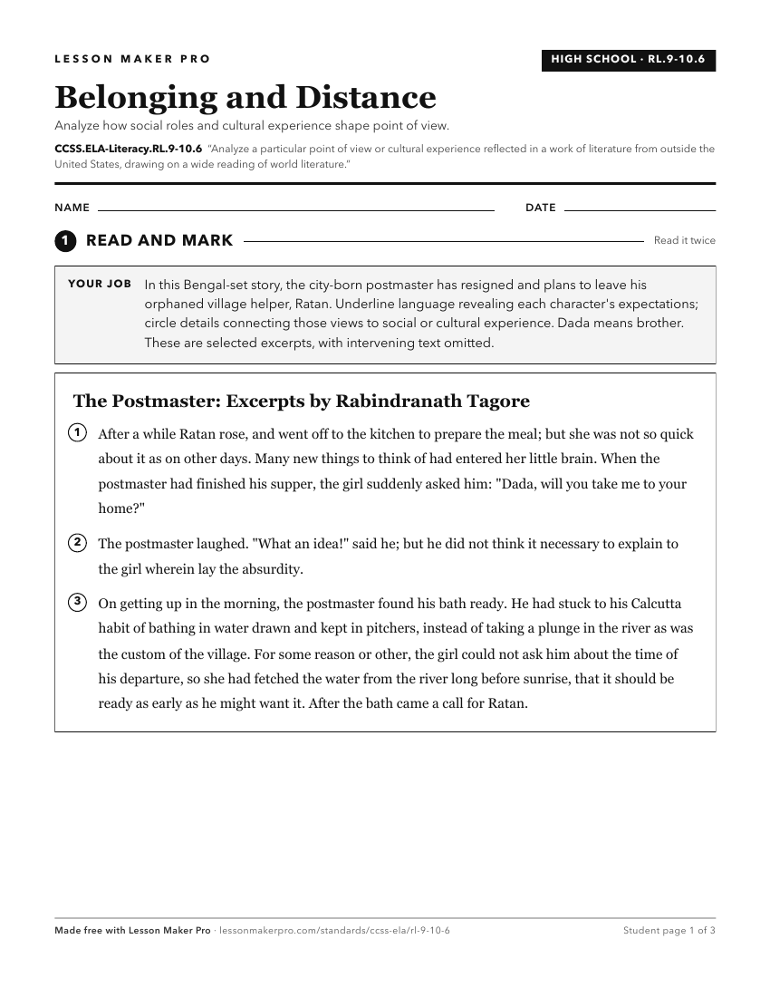 Preview of the CCSS.ELA-Literacy.RL.9-10.6 printable worksheet