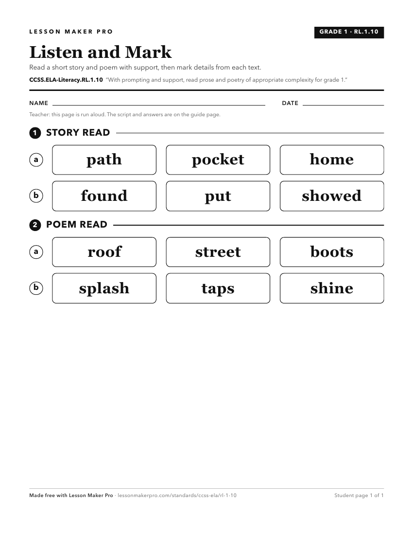 Preview of the CCSS.ELA-Literacy.RL.1.10 printable worksheet