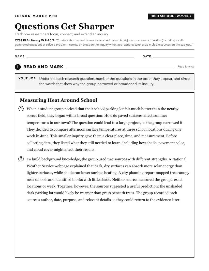 Preview of the CCSS.ELA-Literacy.W.9-10.7 printable worksheet