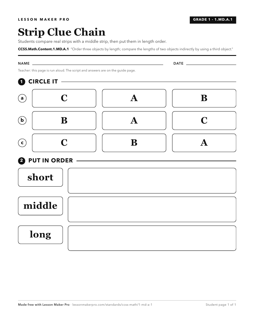 Preview of the CCSS.Math.Content.1.MD.A.1 printable worksheet