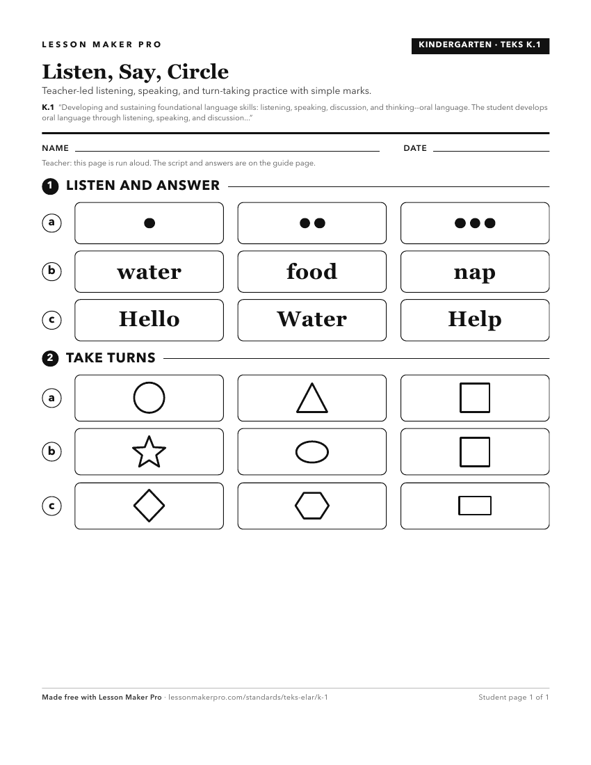 Preview of the K.1 printable worksheet