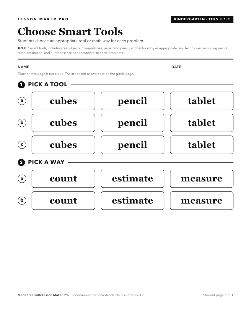 Preview of the K.1.C printable worksheet