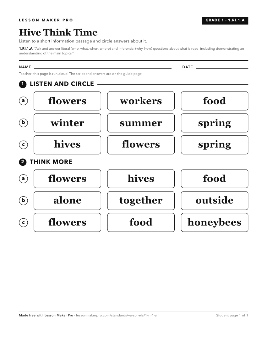 Preview of the 1.RI.1.A printable worksheet