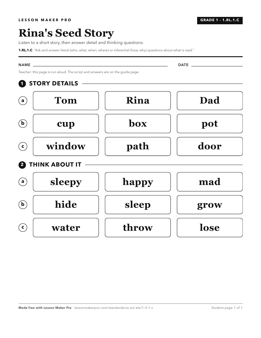 Preview of the 1.RL.1.C printable worksheet
