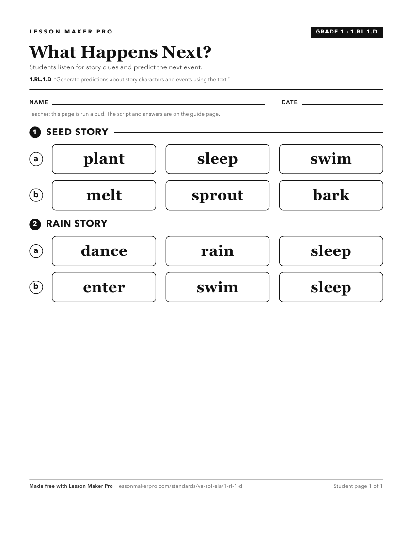 Preview of the 1.RL.1.D printable worksheet