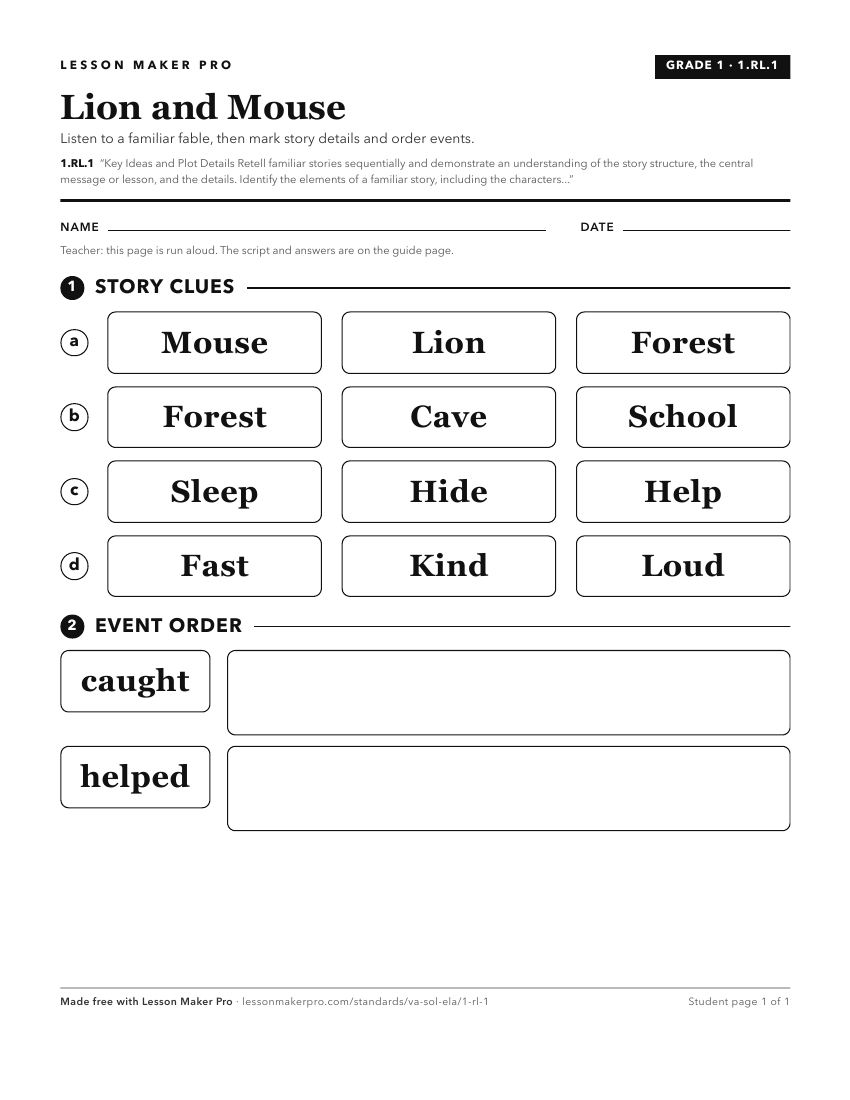 Preview of the 1.RL.1 printable worksheet