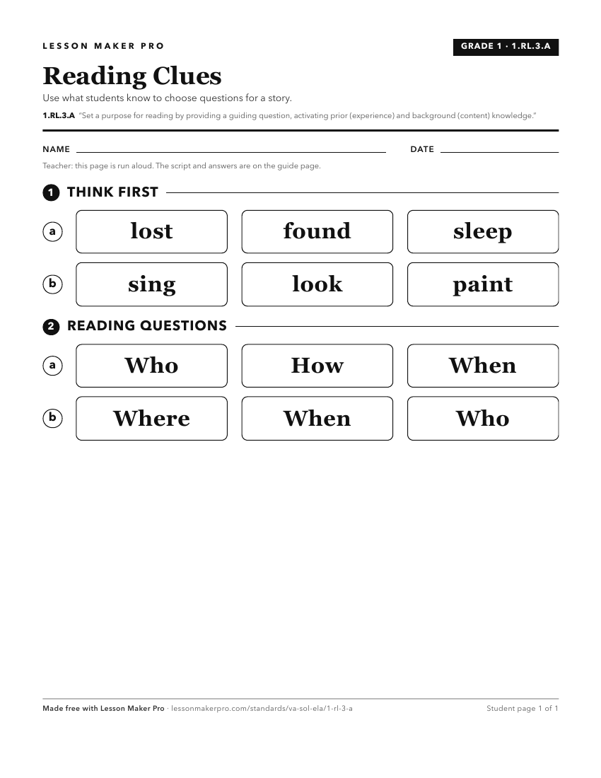 Preview of the 1.RL.3.A printable worksheet